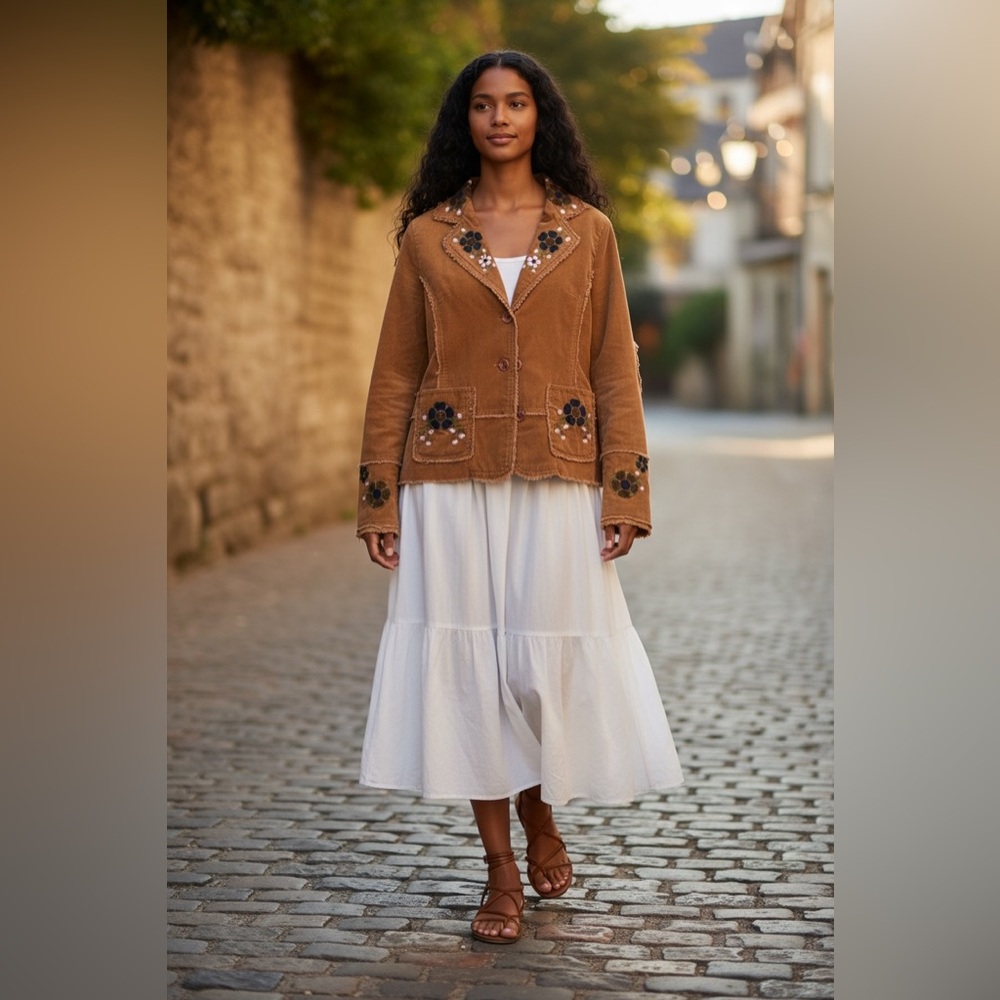 San Joy Embroidered Corduroy Bohemian Jacket - Size Large (Fits Small)